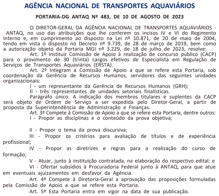 Concurso ANTAQ 2023: Comissão formada! São 30 vagas com iniciais de R$ 16,4 mil!