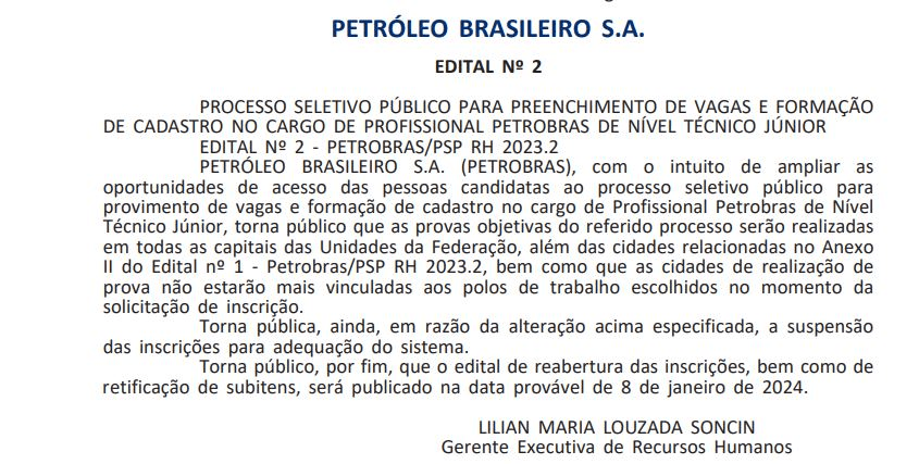Inscrições para o concurso Petrobras são suspensas temporariamente e reabrem na próxima segunda, 08/01.