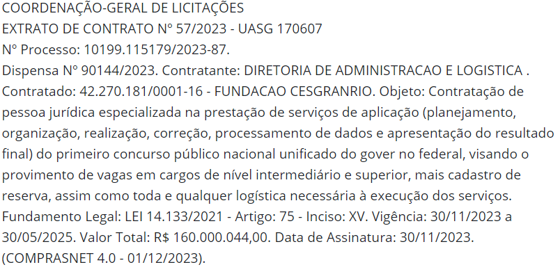 Cesgranrio oficialmente contratada para realização do Concurso Nacional Unificado. Edital em breve! Veja os detalhes:
